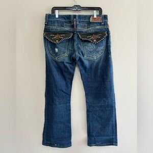 Robin’s Leather Flap Wing Embroidered Distressed Denim Jean, Med Blue Wash, 34